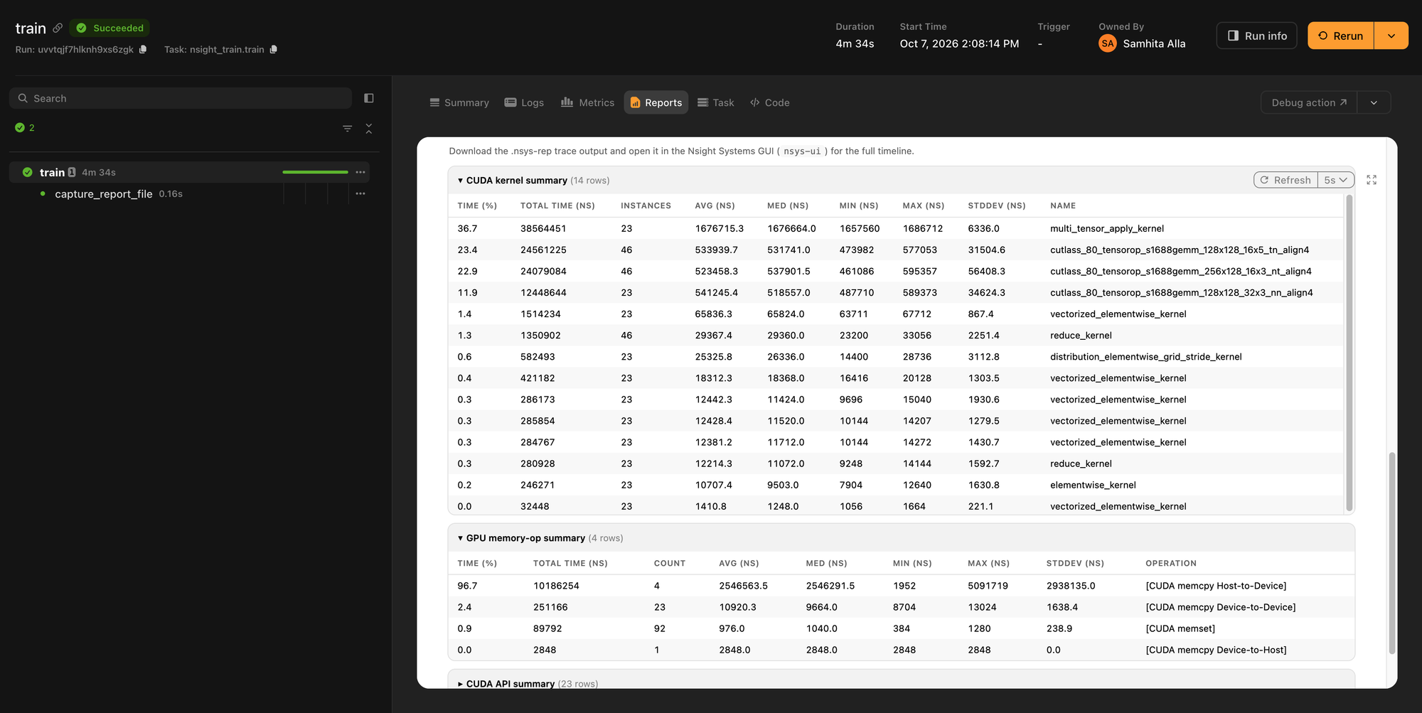 Expanded detail tables in the GPU Profile tab: the CUDA kernel summary with time, instances, and duration statistics per kernel, and the GPU memory-op summary for host-to-device, device-to-device, and device-to-host copies.