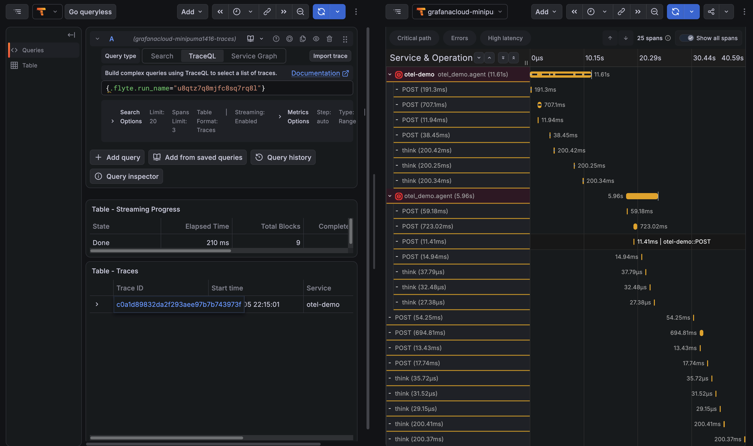 Grafana Tempo trace holding two attempts of one run, the second with microsecond replayed steps